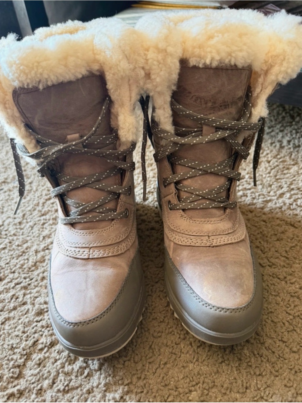 Sorel Taupe Suede Lace-Up Winter Boots with Cream Faux Fur